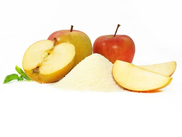 Organic spray-dried apple powder in a clear bowl, with fresh apples beside it.
