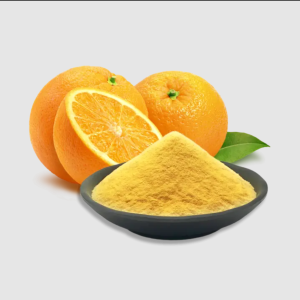 Organic Spray Dried Orange Powder in a bowl with fresh oranges